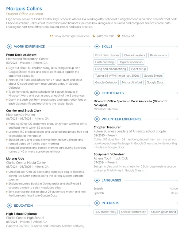 Student Office Assistant resume example