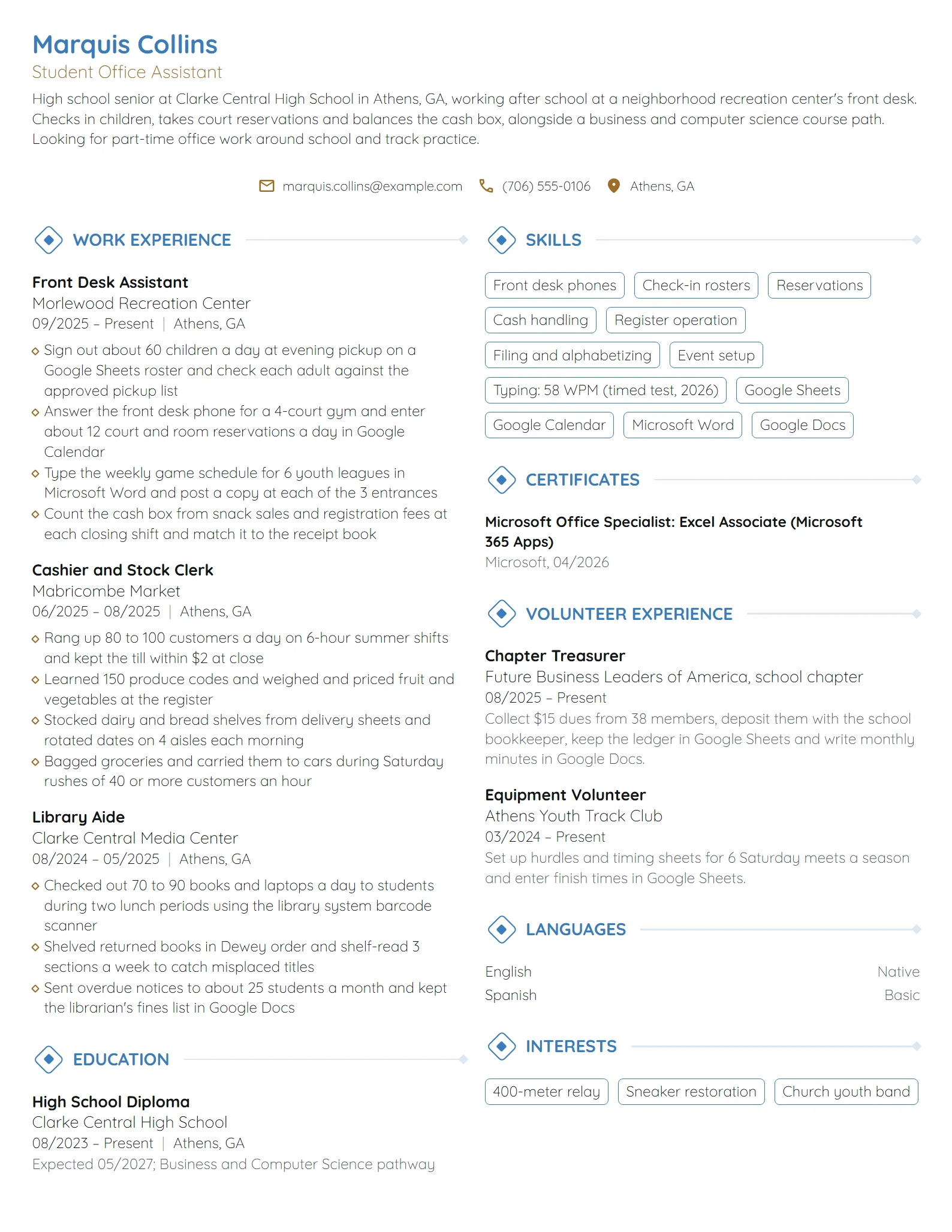 Student Office Assistant resume example