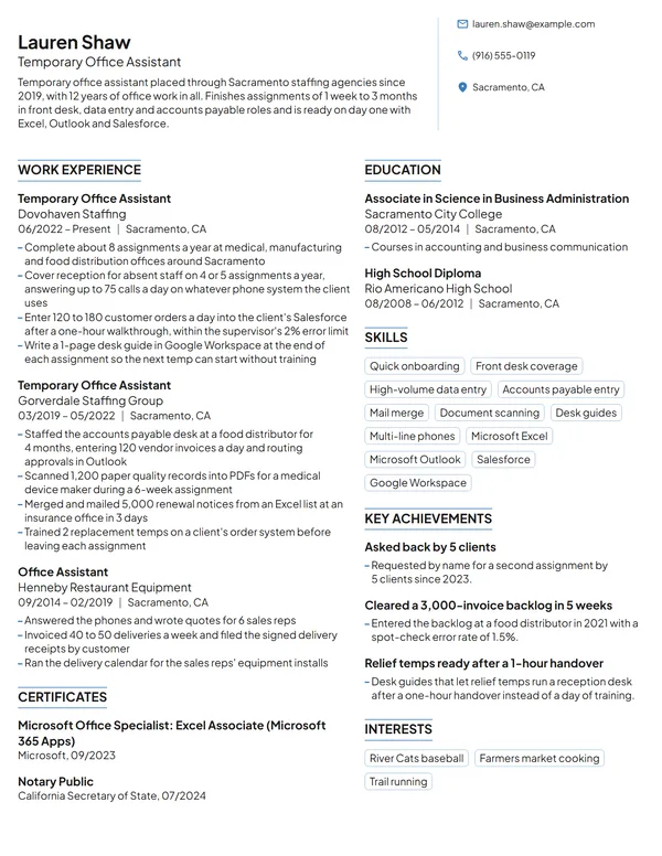Temporary Office Assistant resume example
