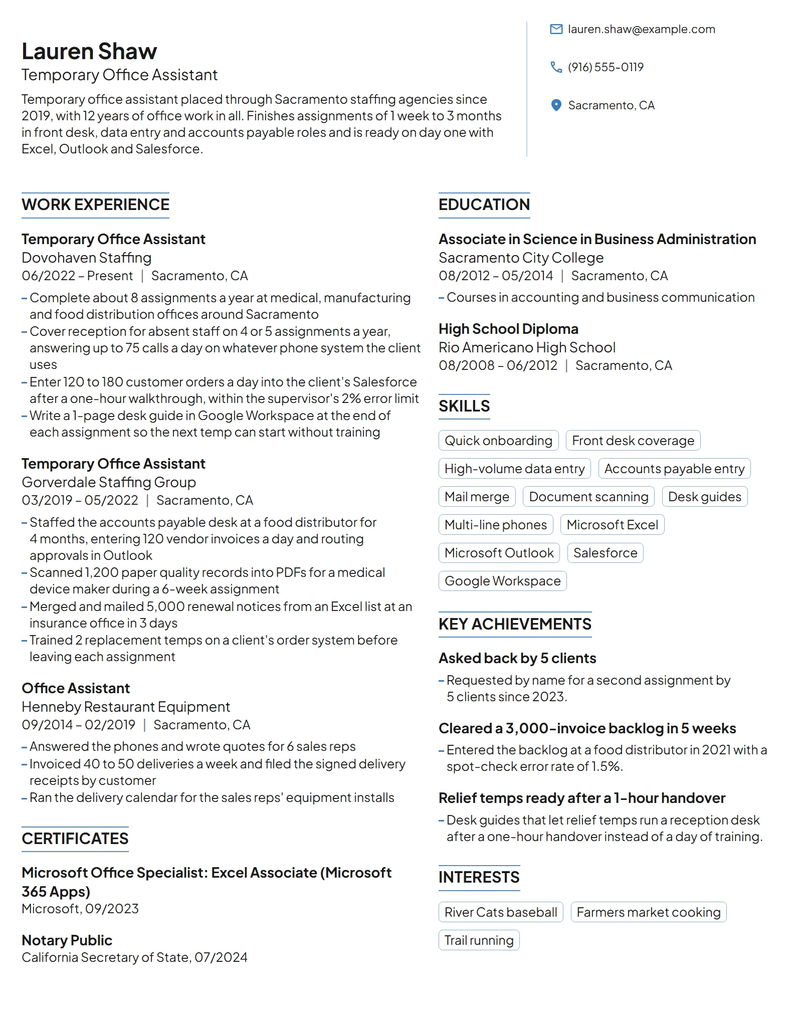 Temporary Office Assistant resume example