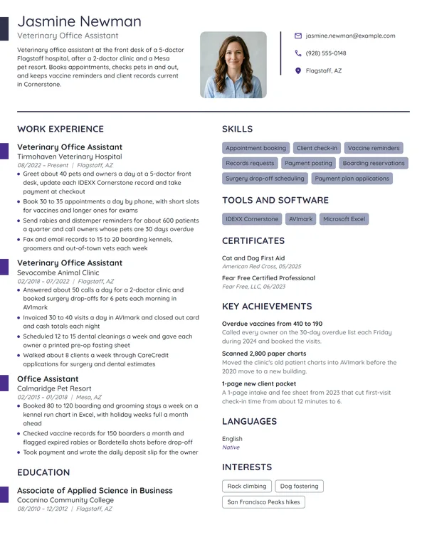 Veterinary Office Assistant resume example