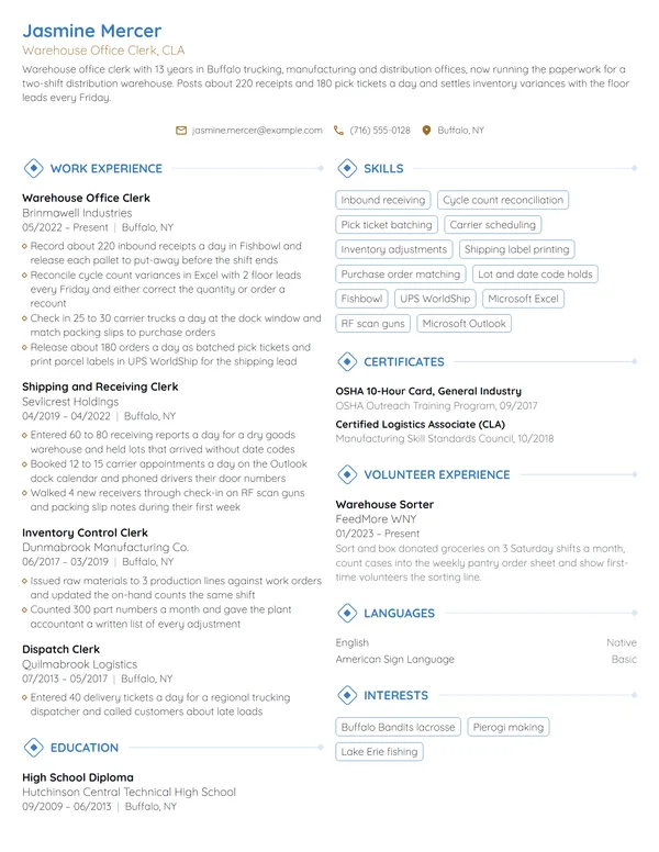 Warehouse Office Clerk resume example