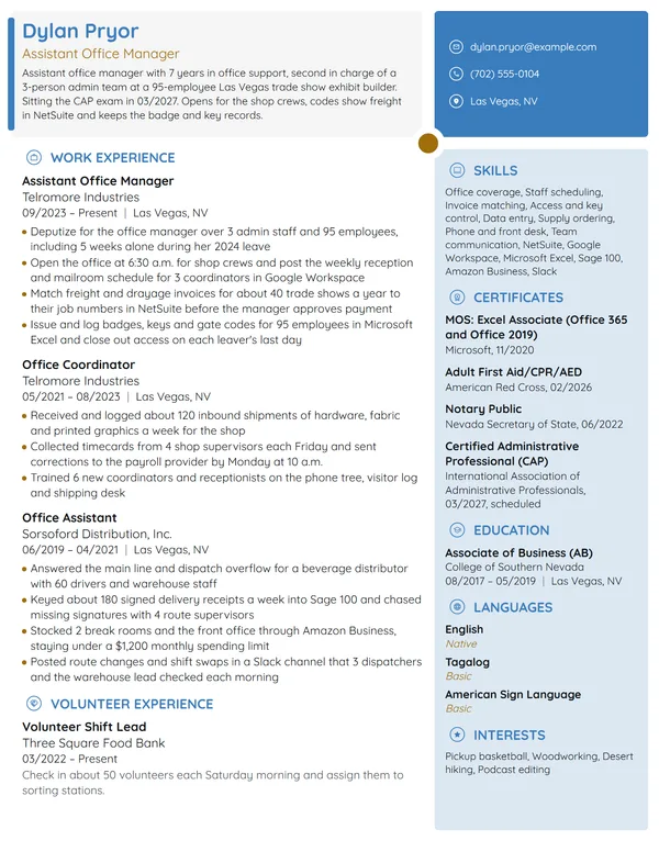 Assistant Office Manager resume example