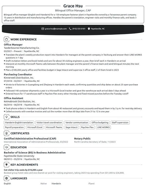 Bilingual Office Manager resume example