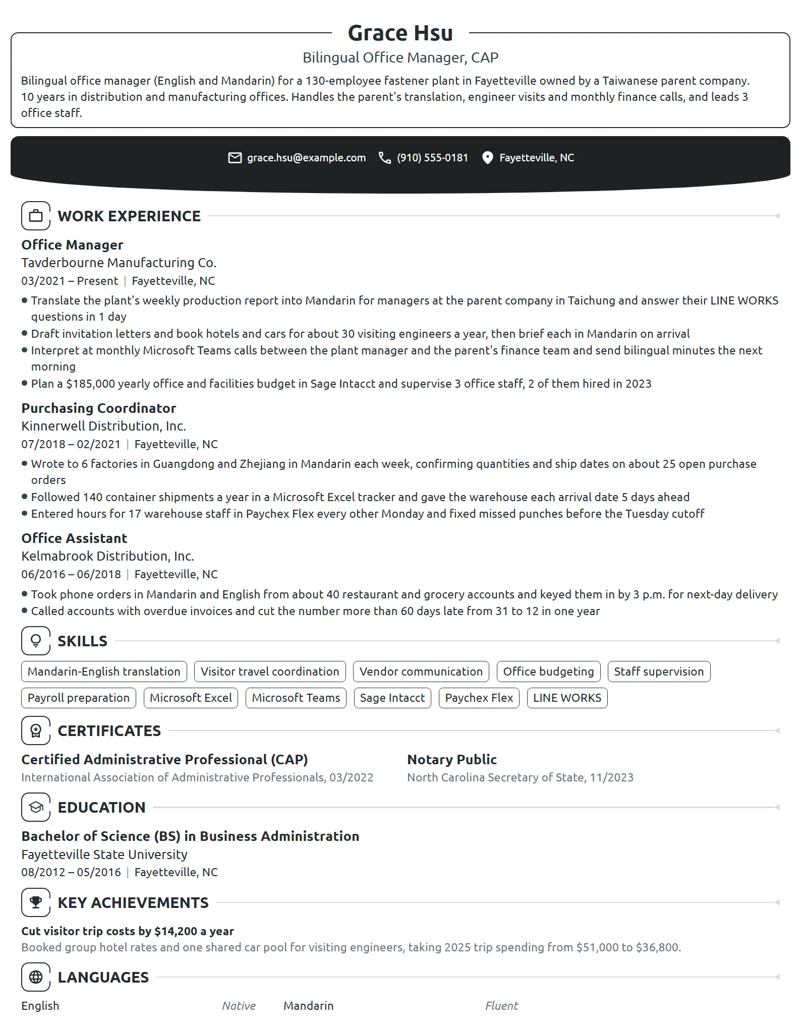 Bilingual Office Manager resume example