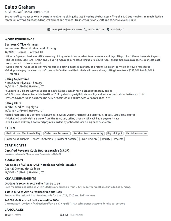 Business Office Manager resume example