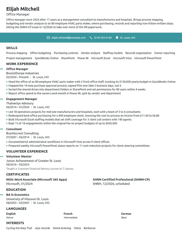 Career Change Office Manager resume example