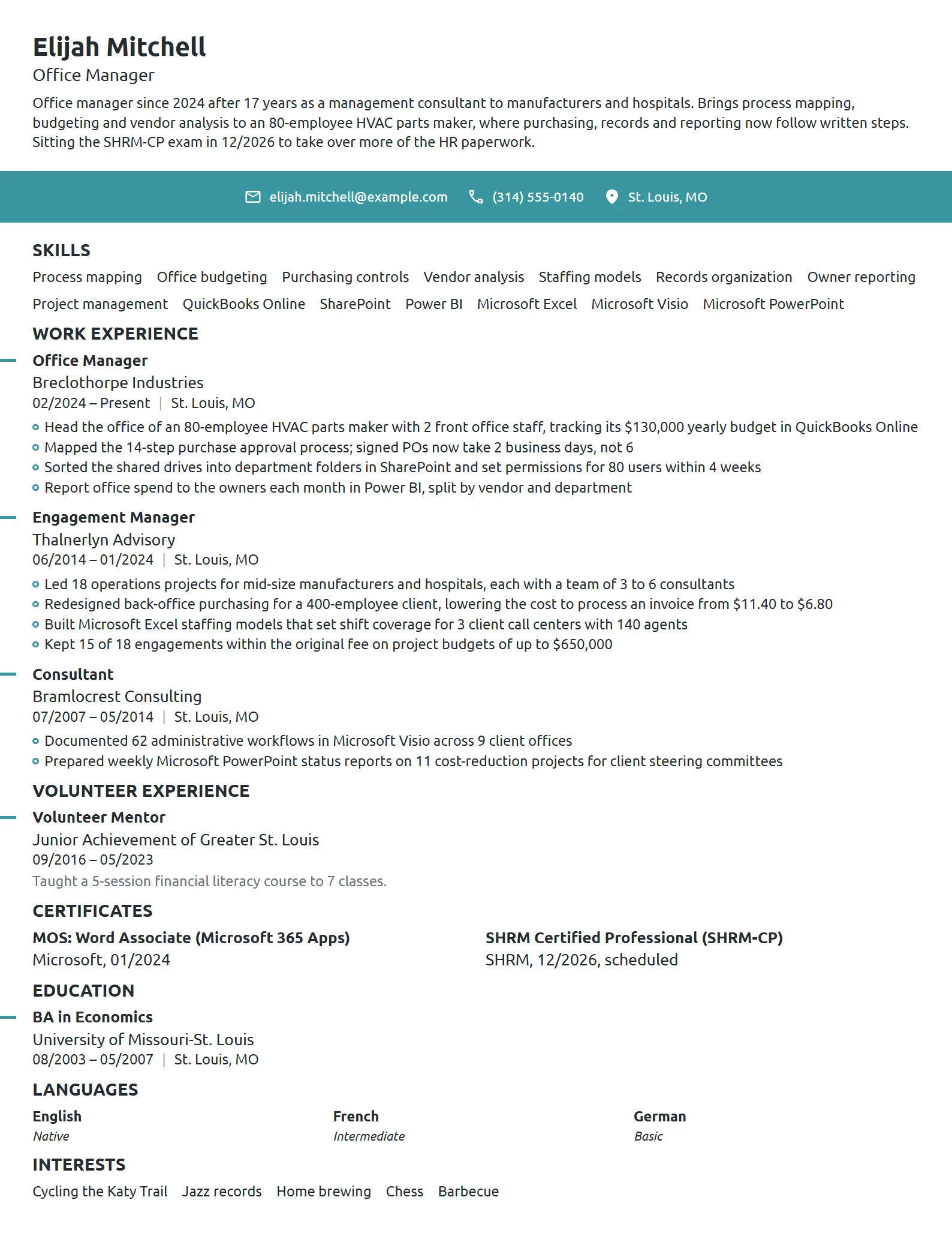 Career Change Office Manager resume example