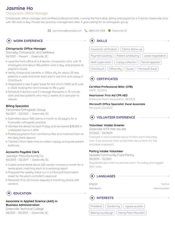 Chiropractic Office Manager resume example
