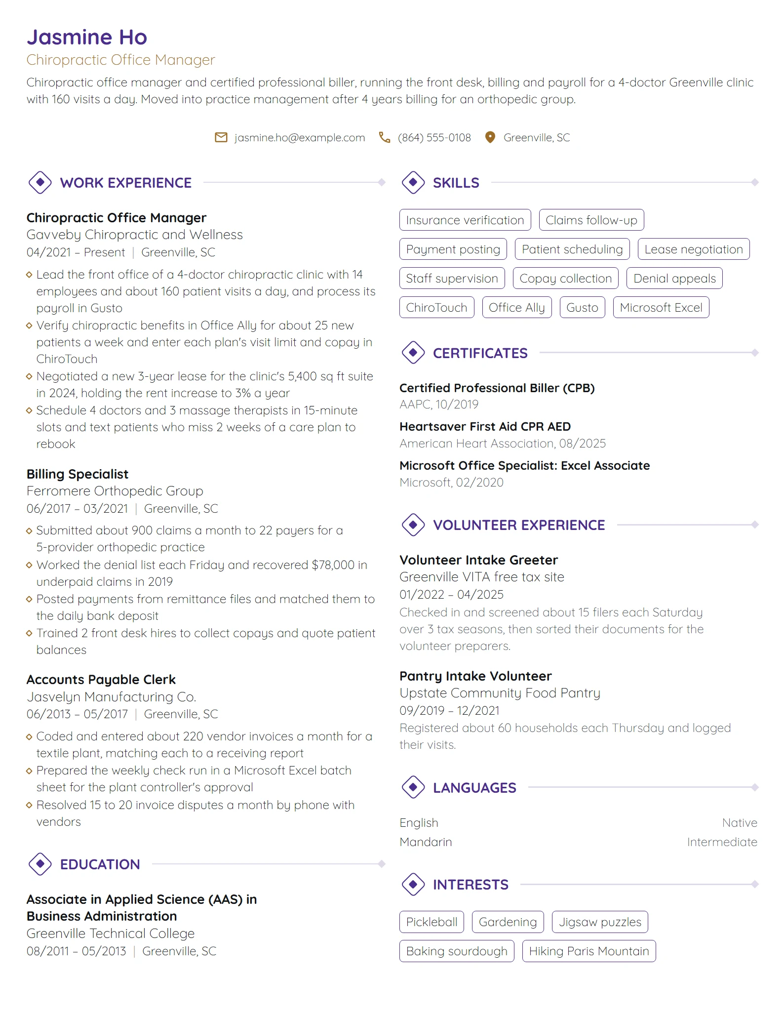 Chiropractic Office Manager resume example