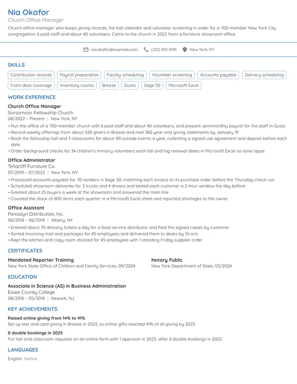 Church Office Manager resume example