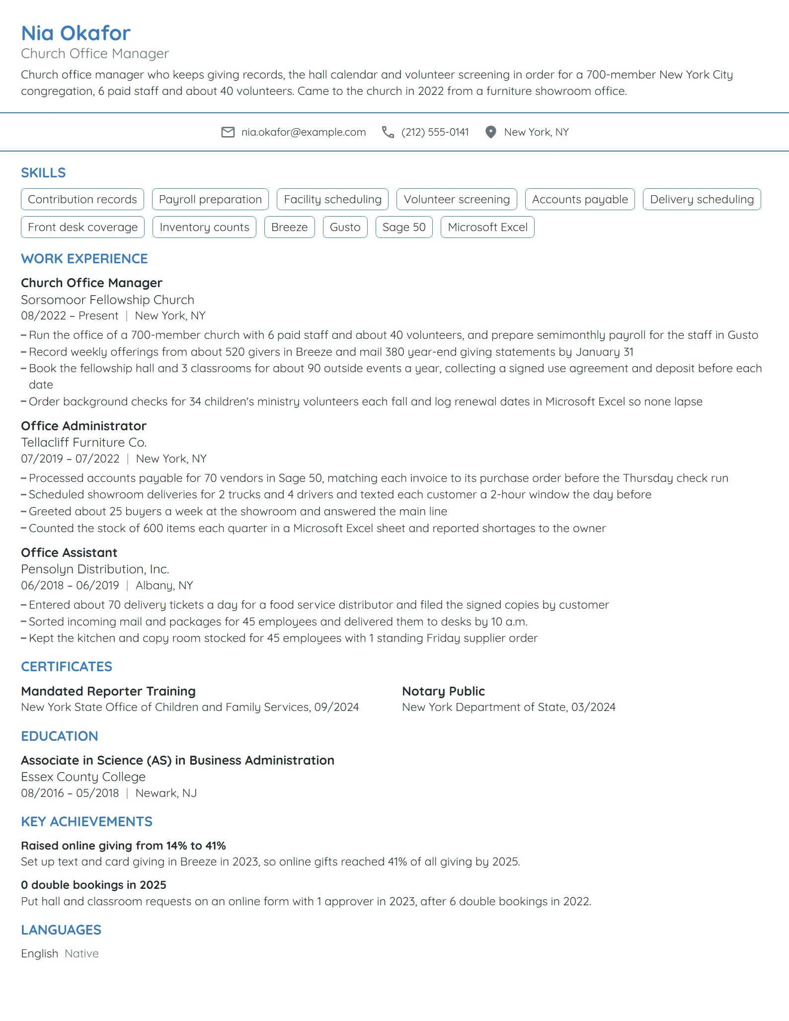 Church Office Manager resume example