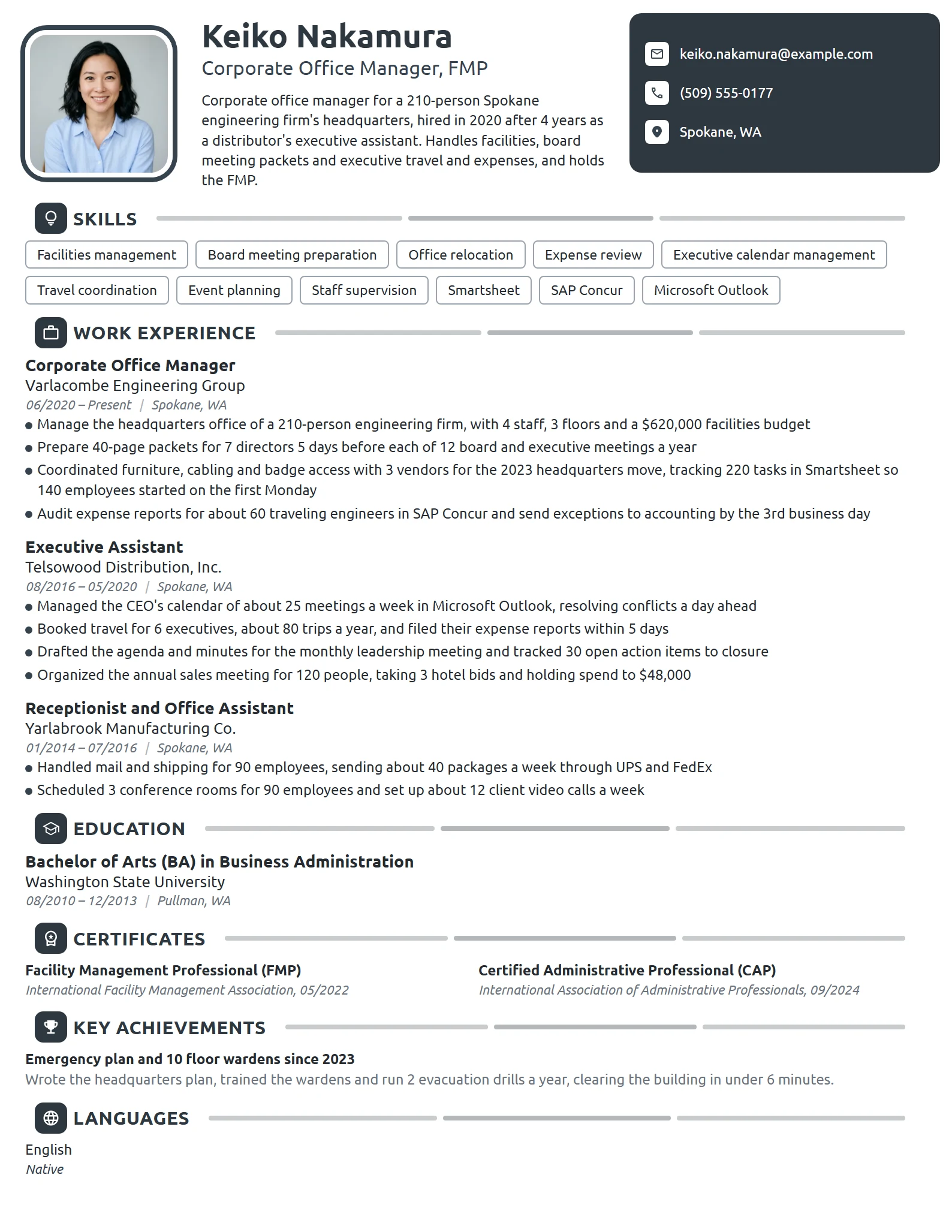 Corporate Office Manager resume example