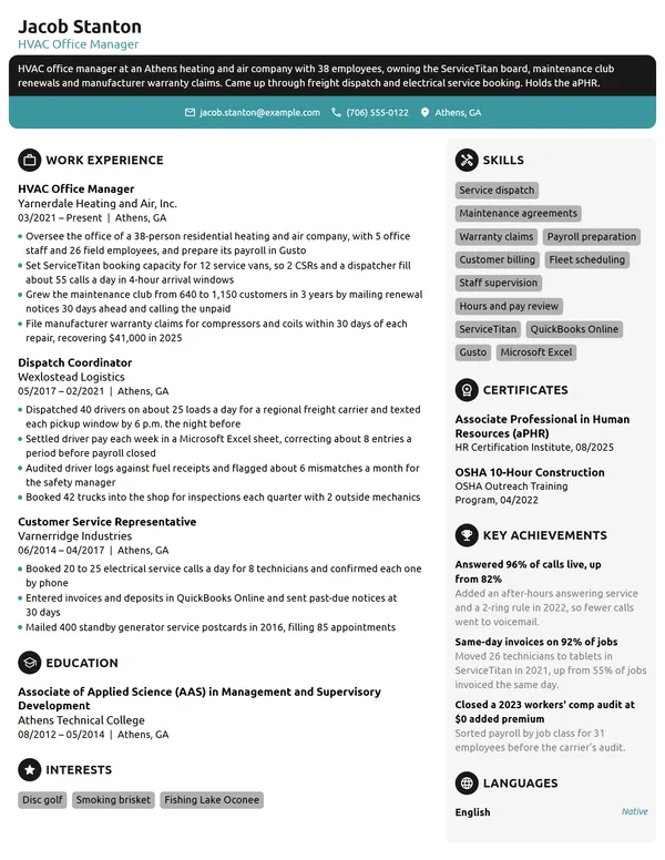 HVAC Office Manager resume example