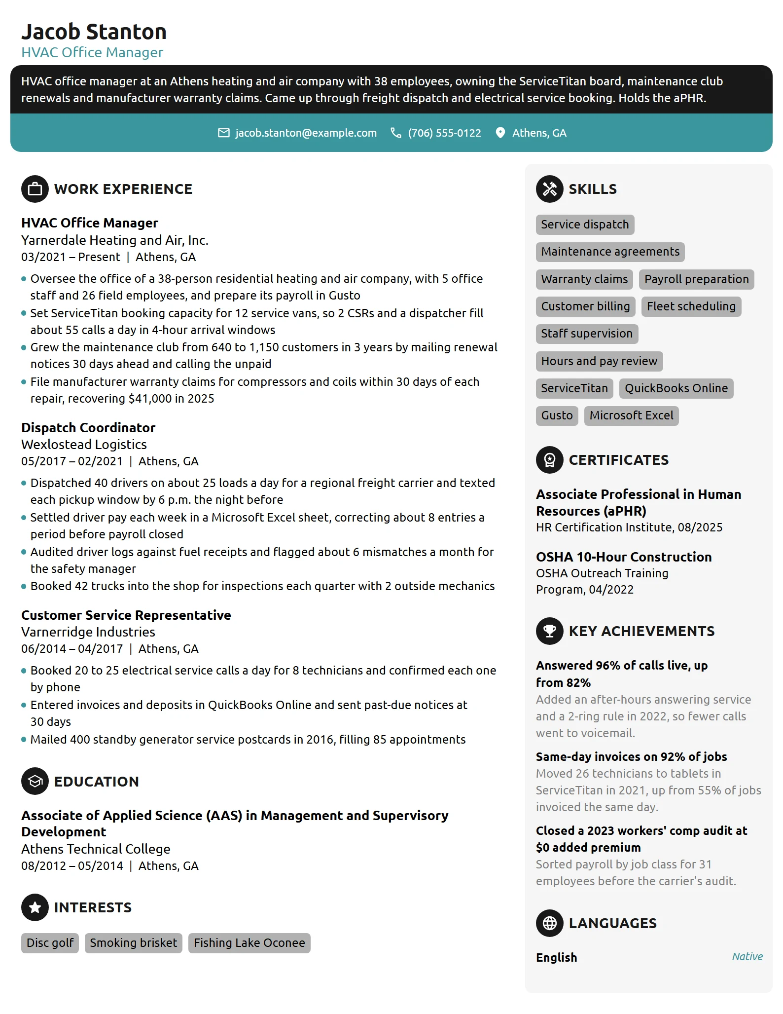 HVAC Office Manager resume example