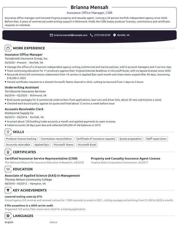Insurance Office Manager resume example