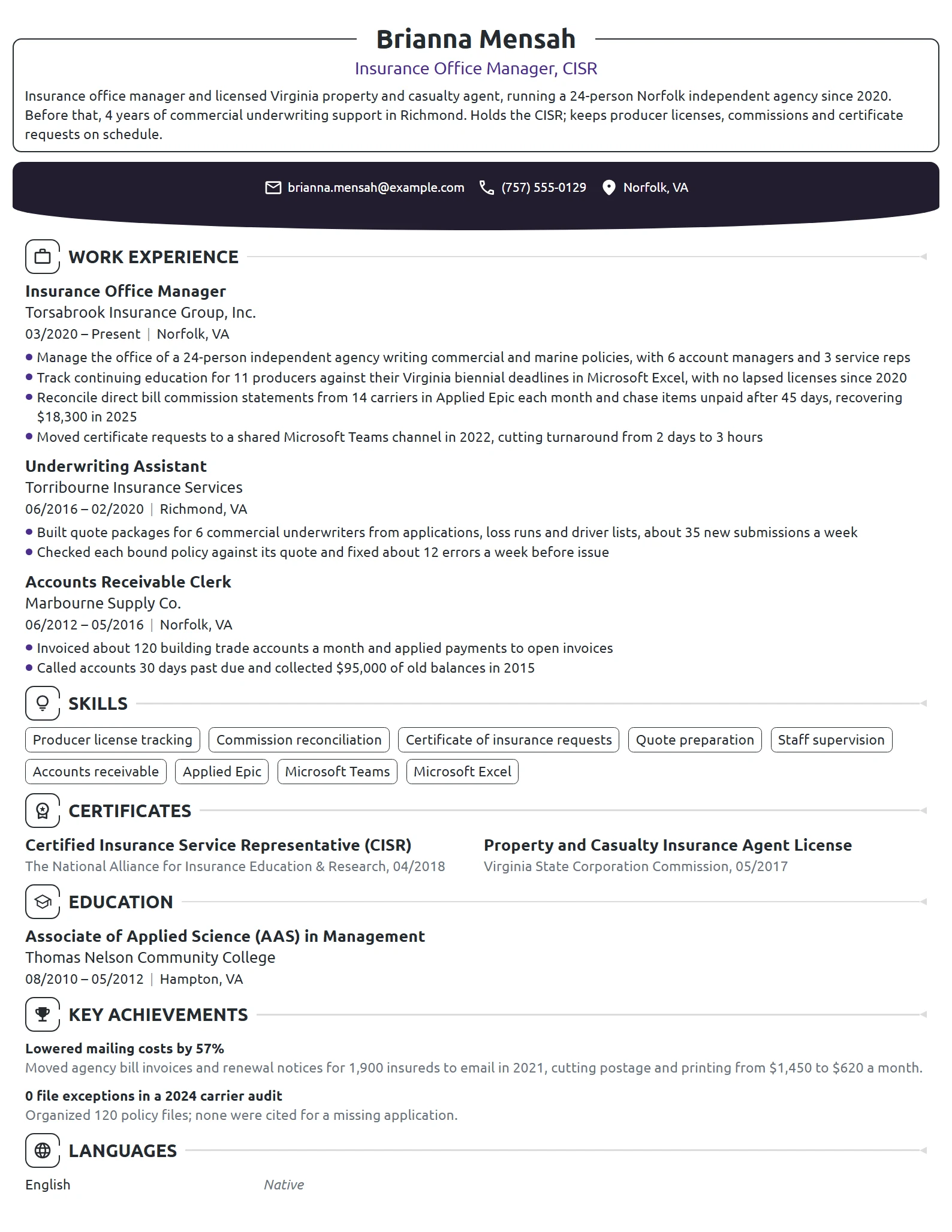 Insurance Office Manager resume example