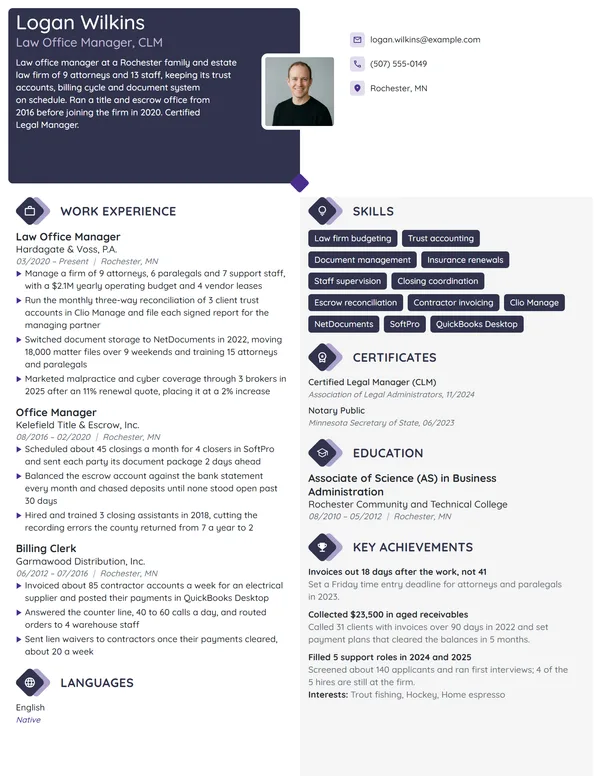 Law Office Manager resume example