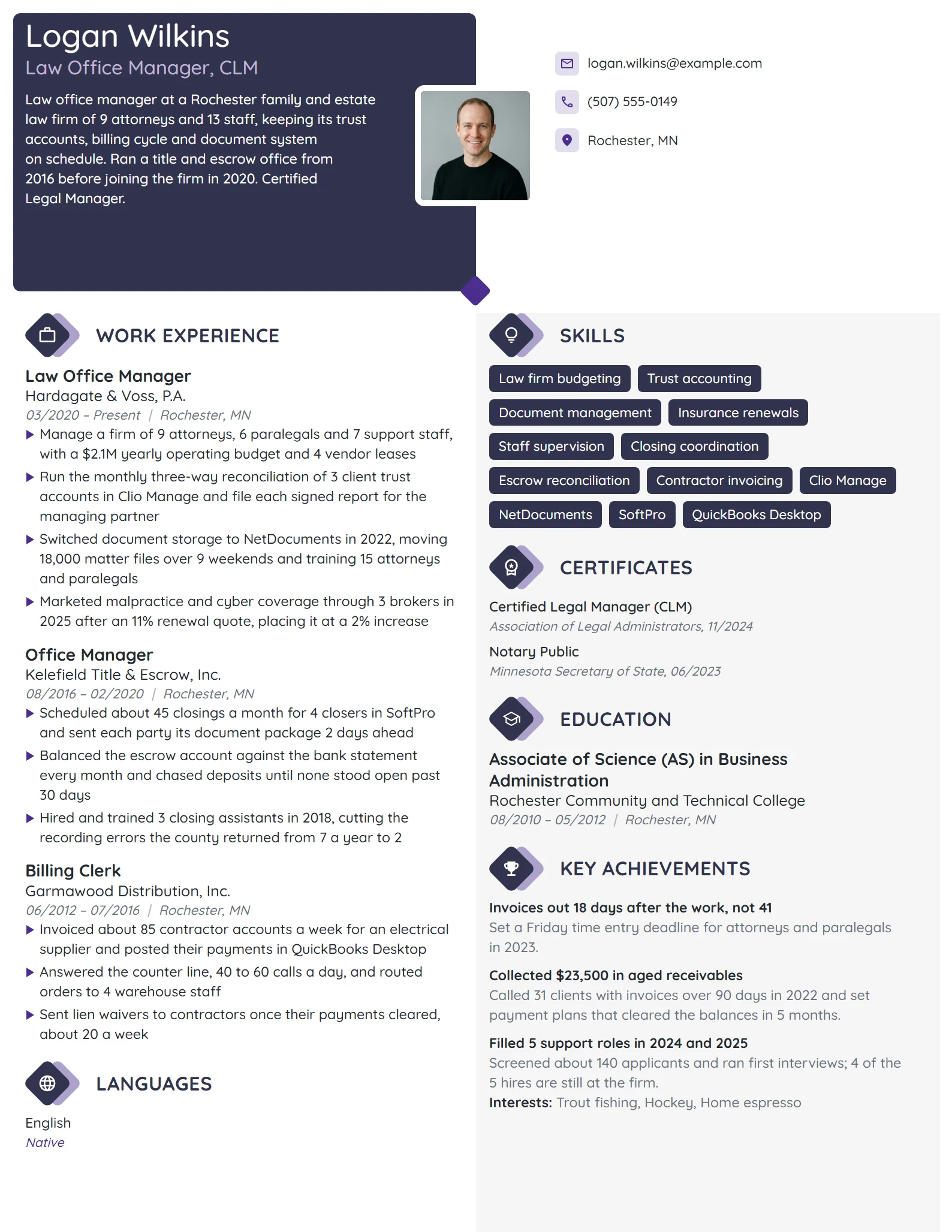 Law Office Manager resume example