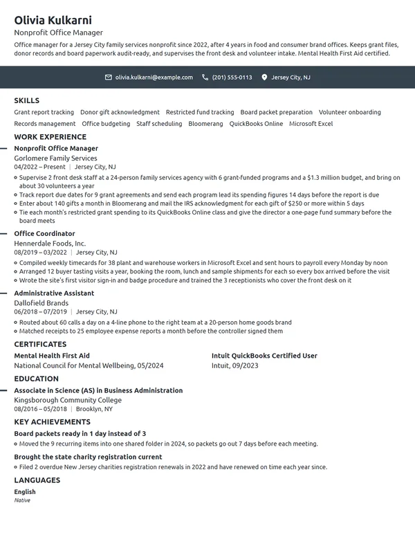 Nonprofit Office Manager resume example