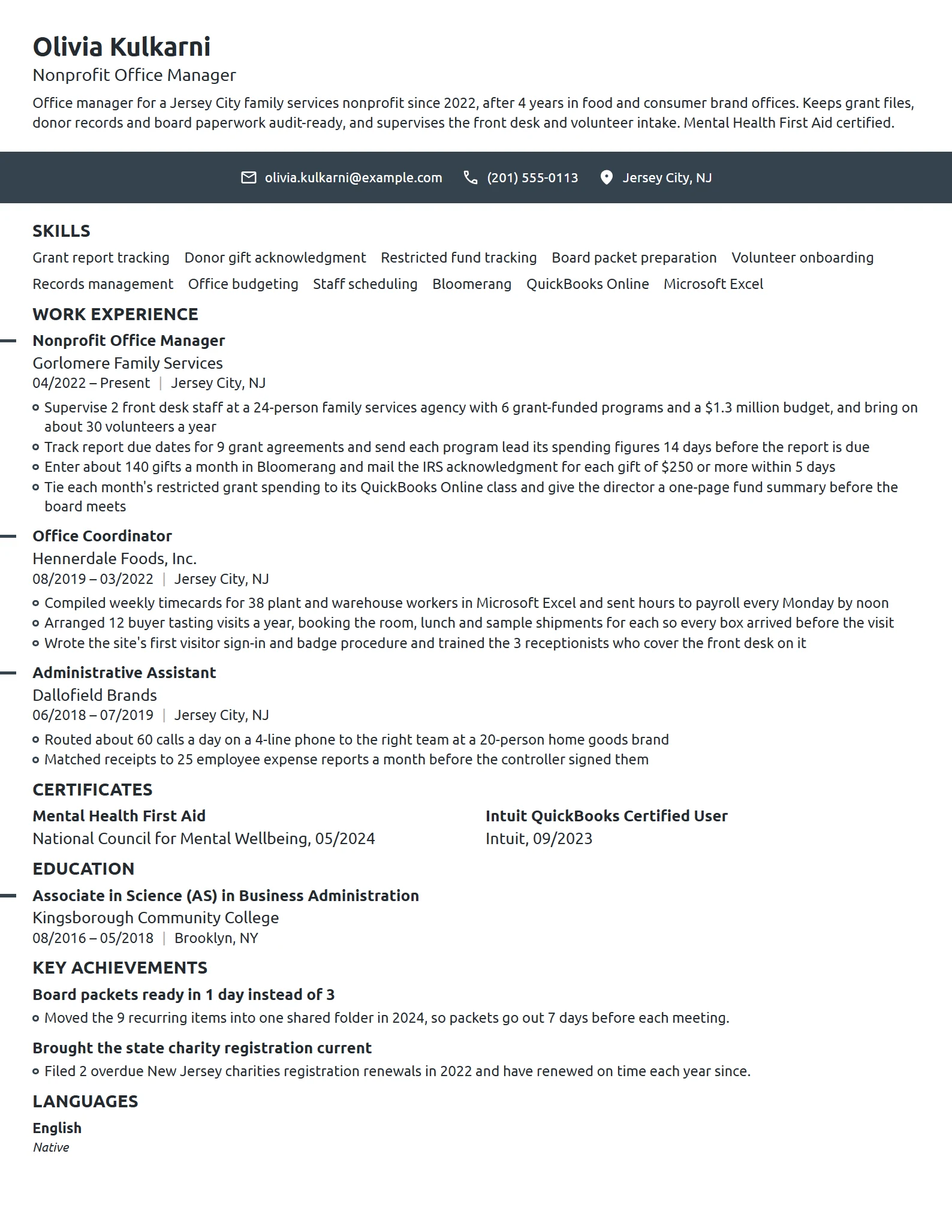 Nonprofit Office Manager resume example