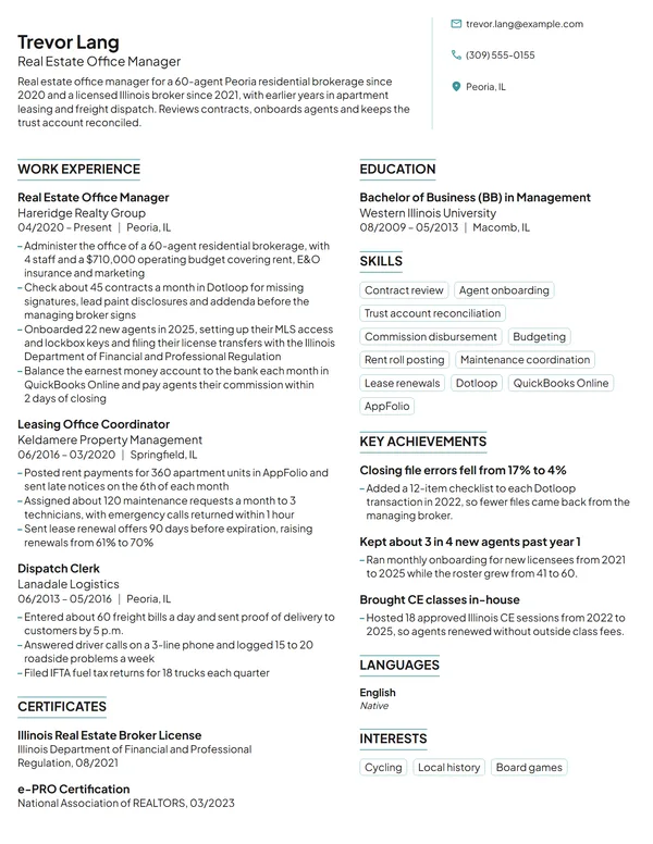 Real Estate Office Manager resume example