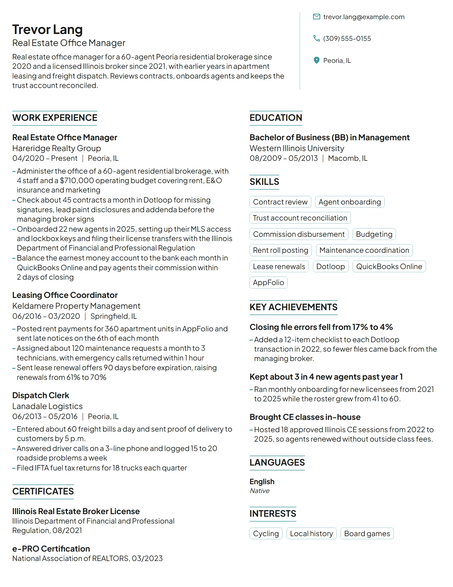 Real Estate Office Manager resume example