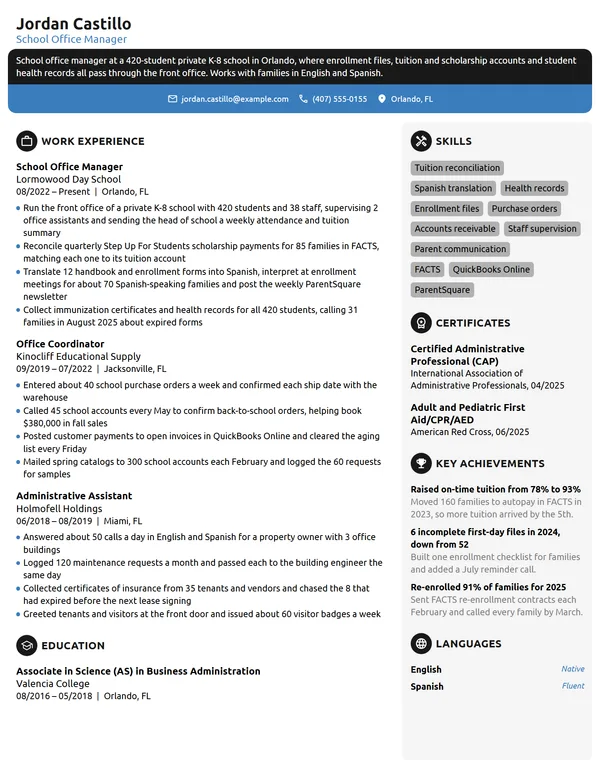 School Office Manager resume example