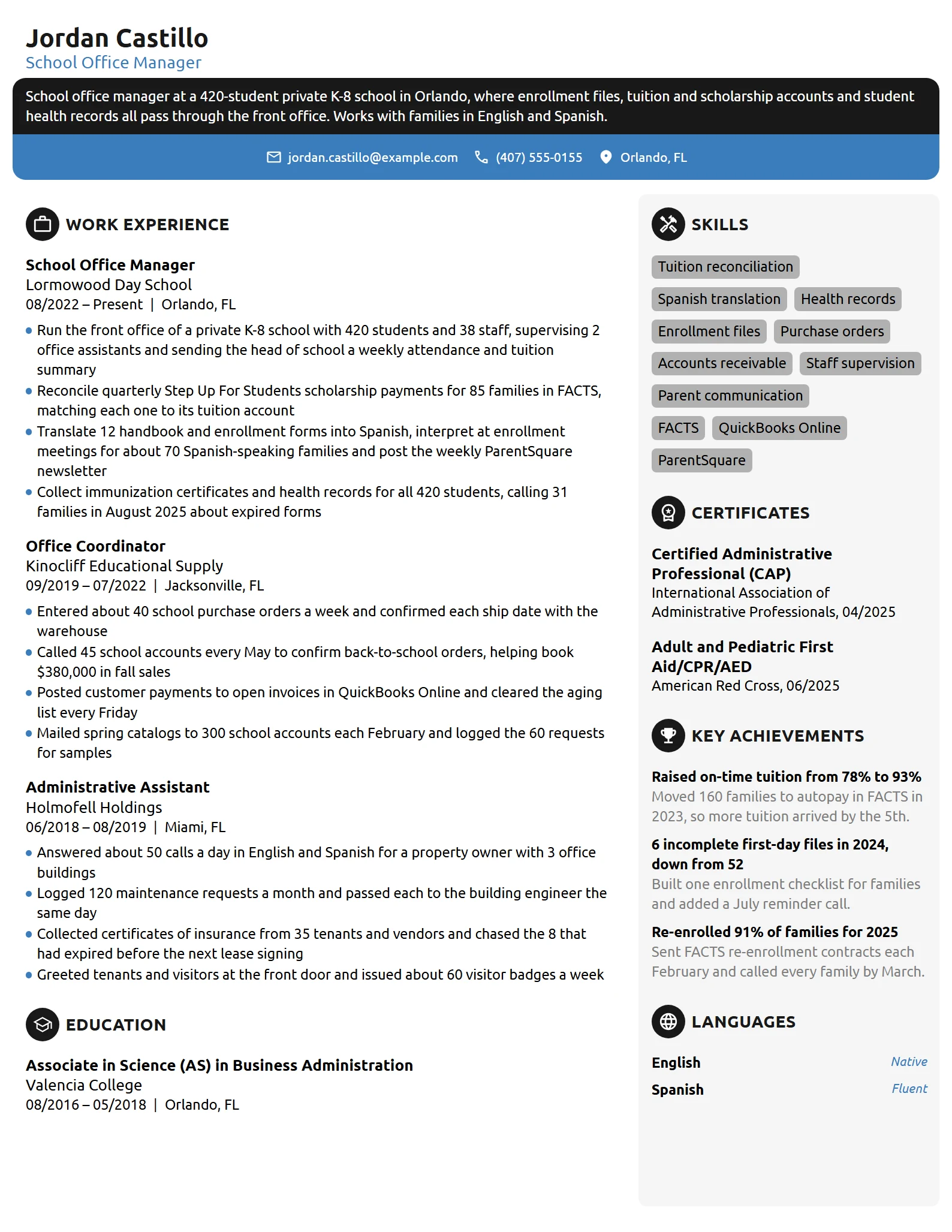 School Office Manager resume example
