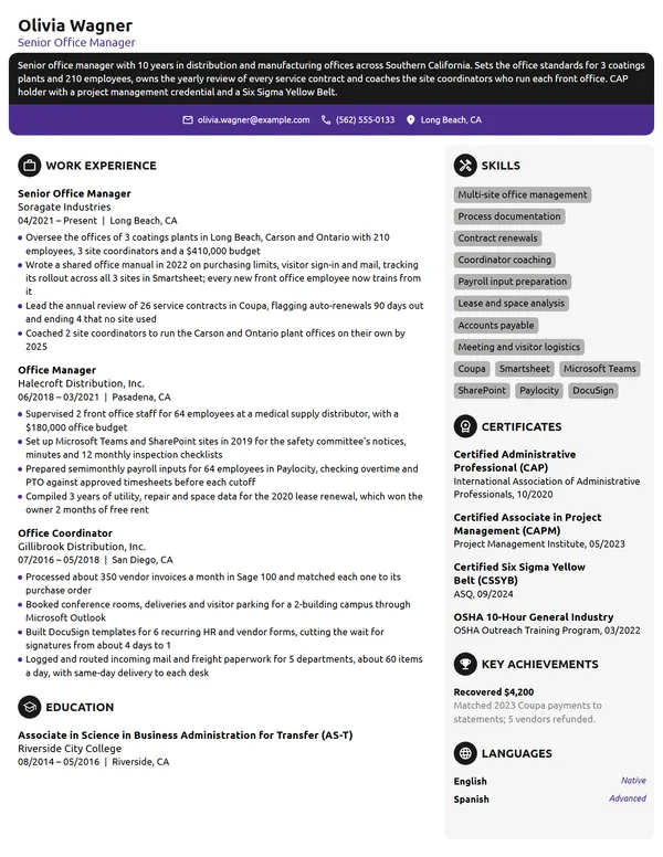 Senior Office Manager resume example