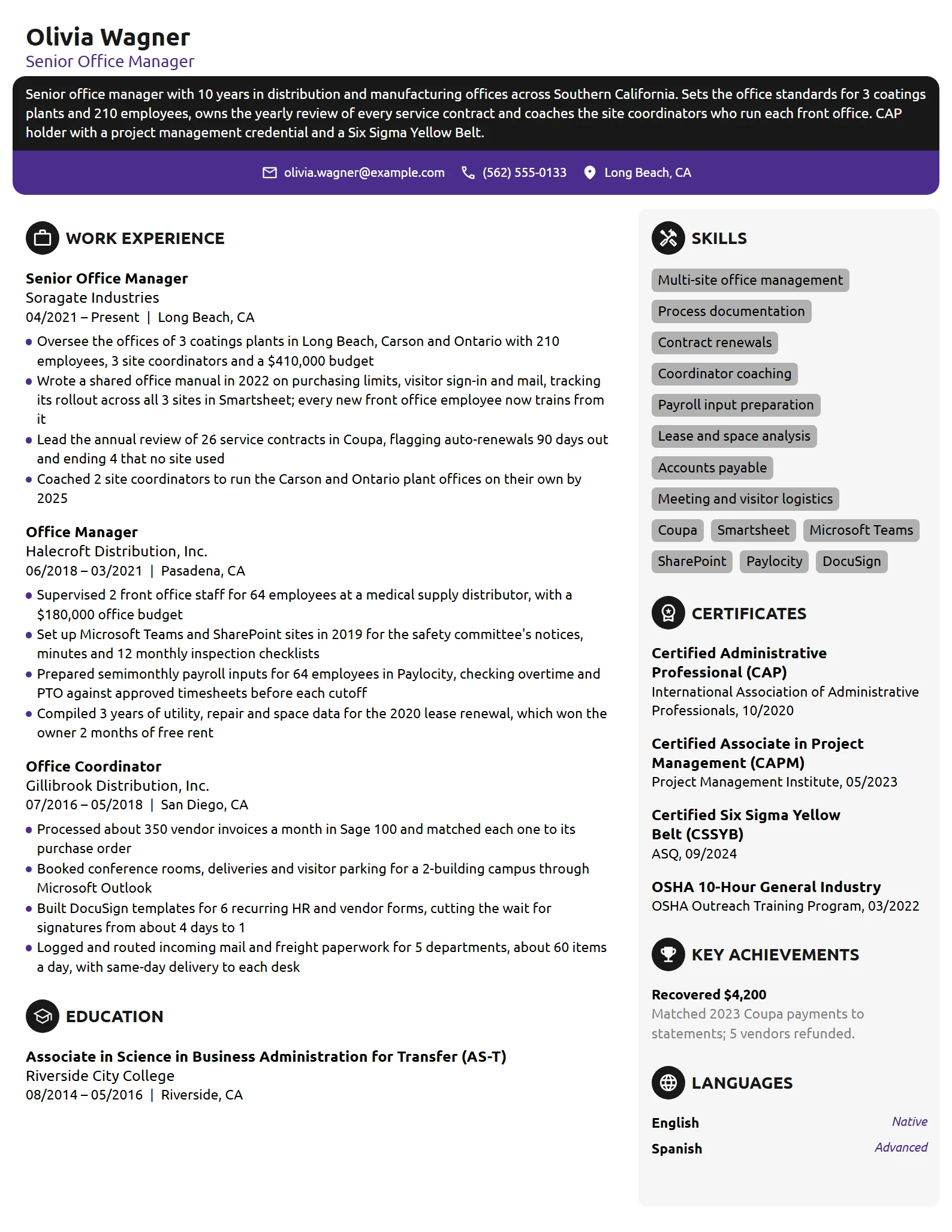 Senior Office Manager resume example