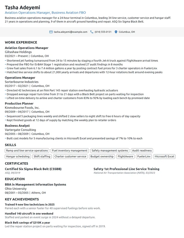 Aviation Operations Manager resume example