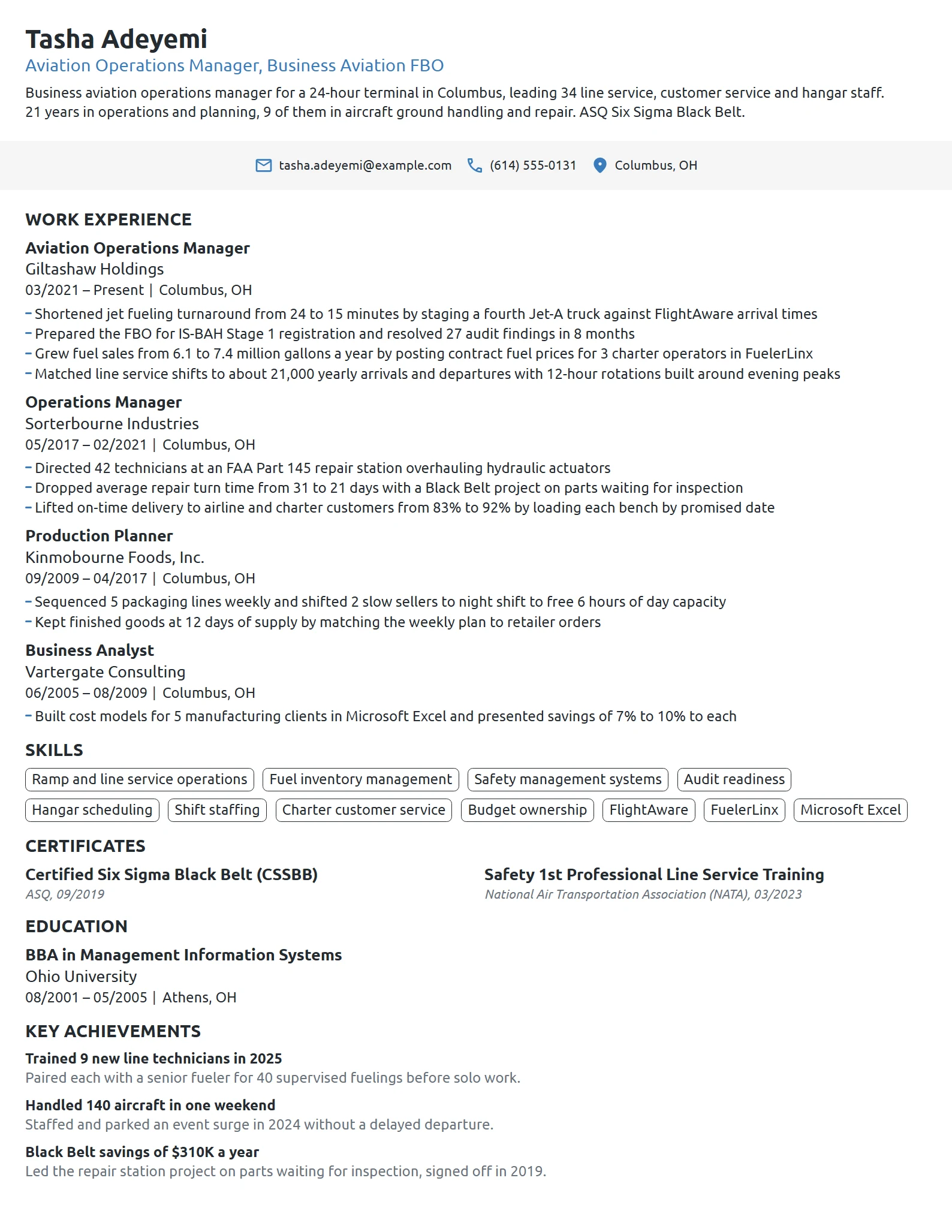 Aviation Operations Manager resume example