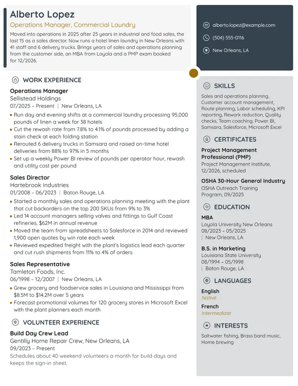 Career Change Operations Manager resume example