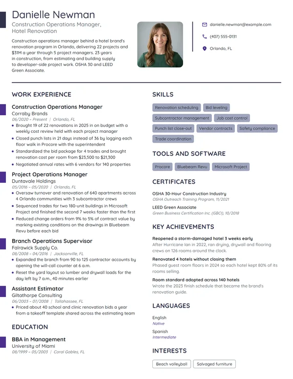 Construction Operations Manager resume example