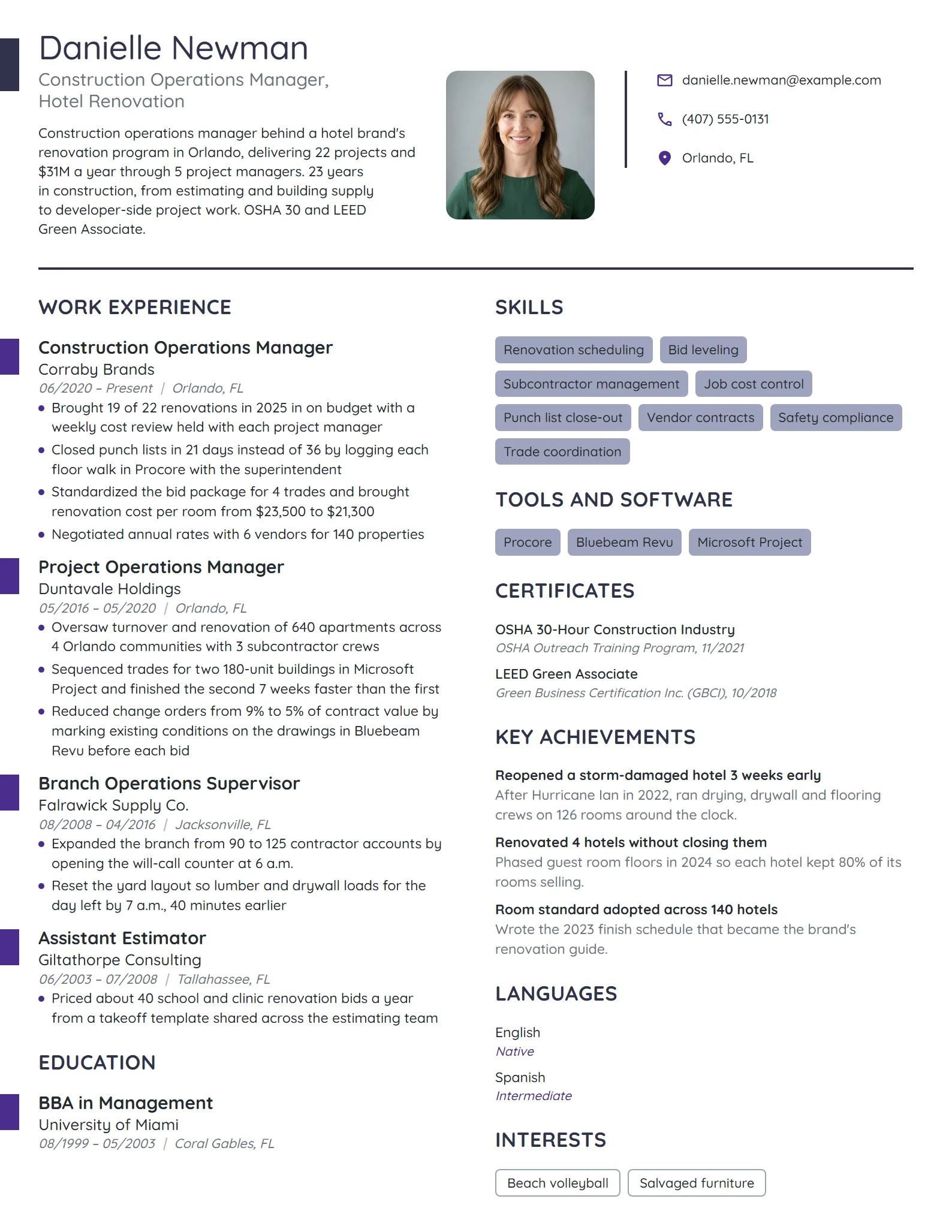 Construction Operations Manager resume example