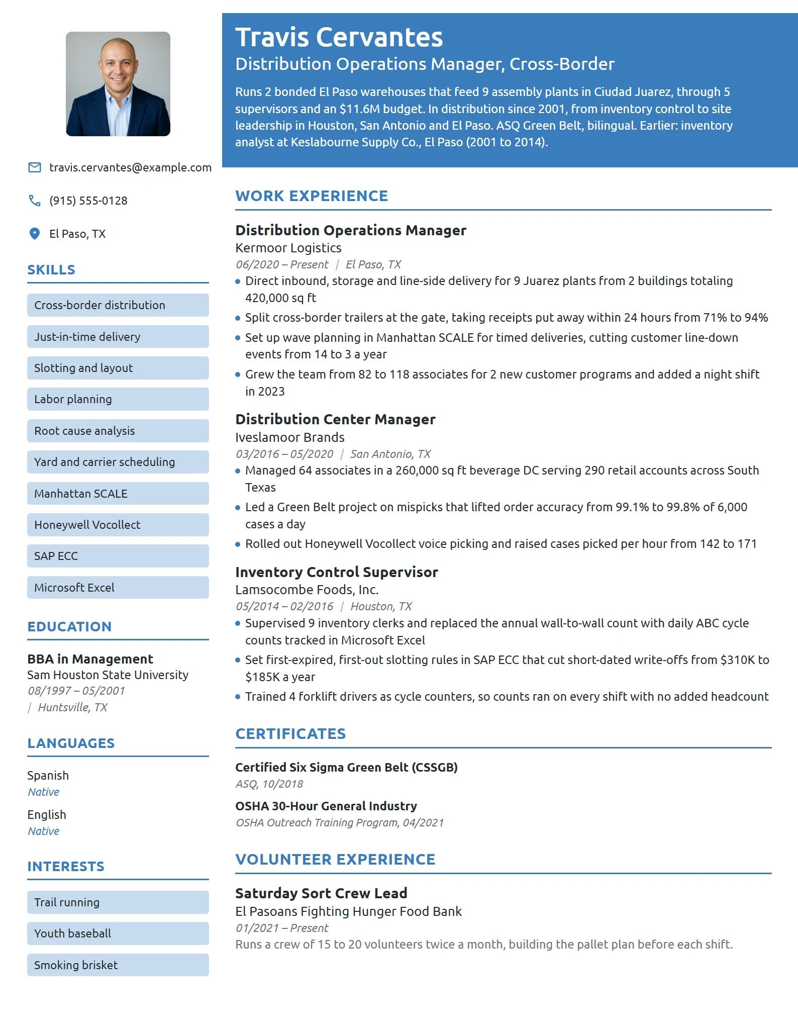 Distribution Operations Manager resume example