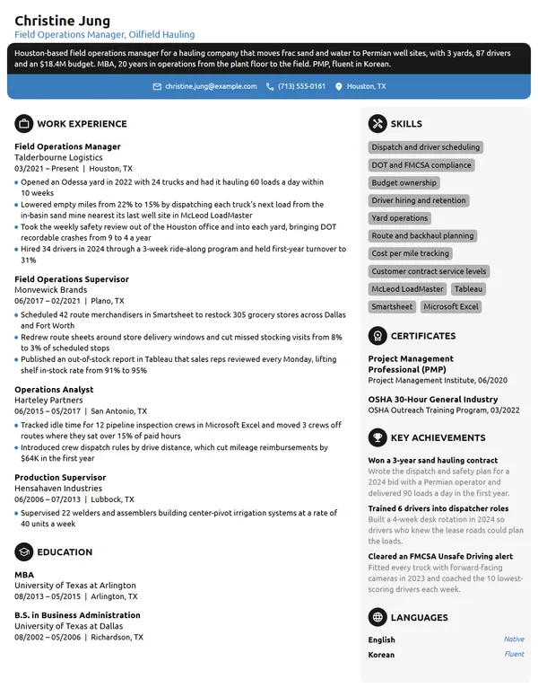 Field Operations Manager resume example