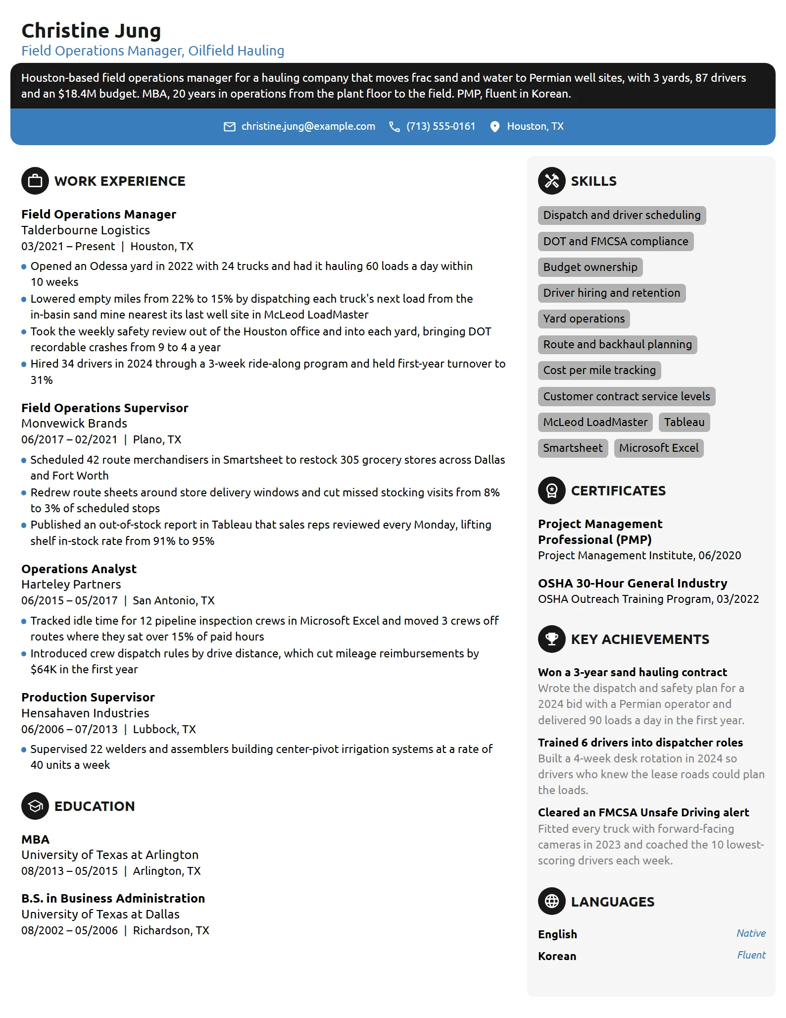Field Operations Manager resume example