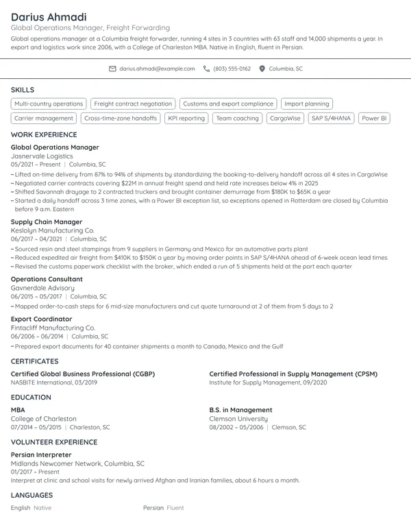 Global Operations Manager resume example