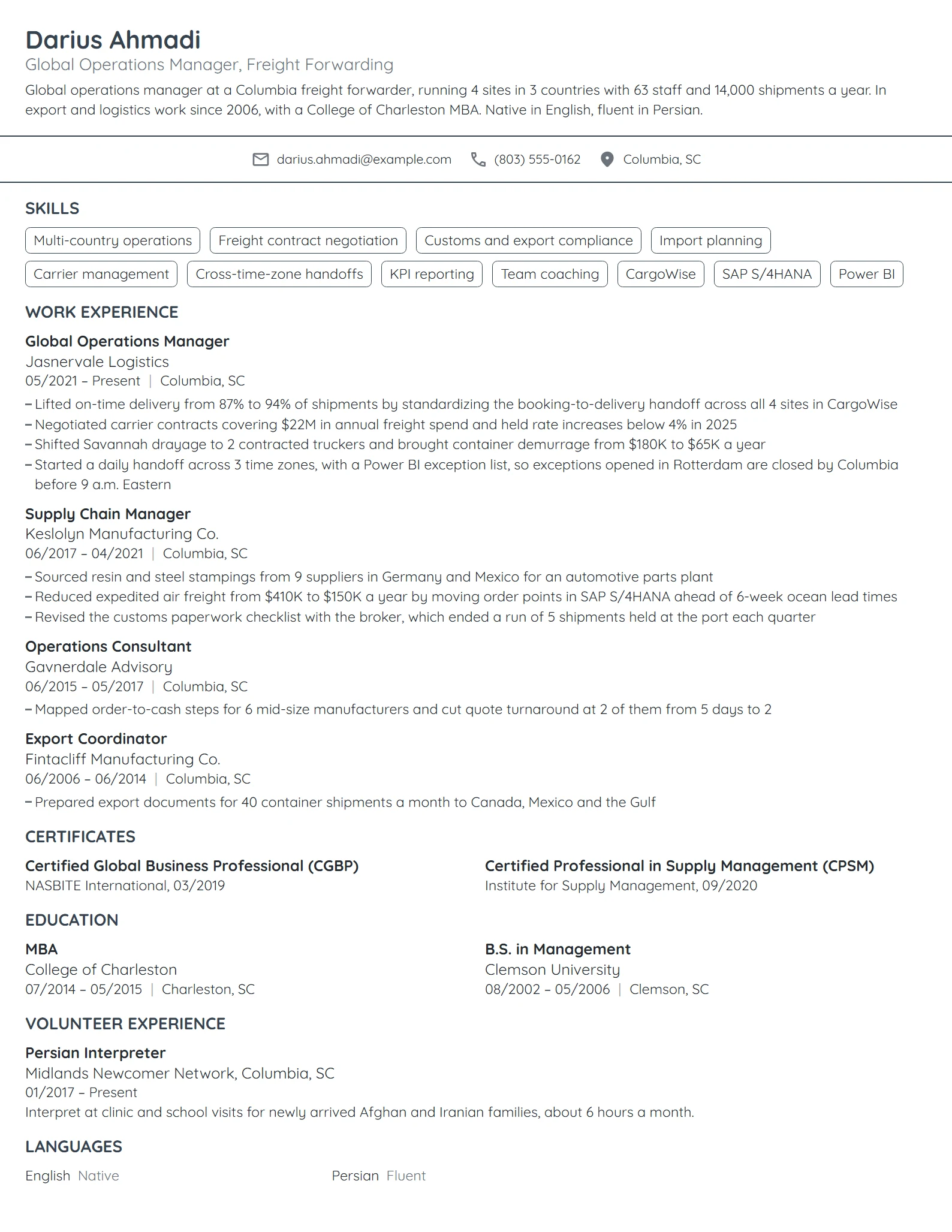 Global Operations Manager resume example
