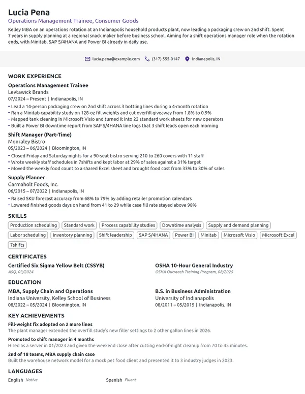 Operations Management Trainee resume example