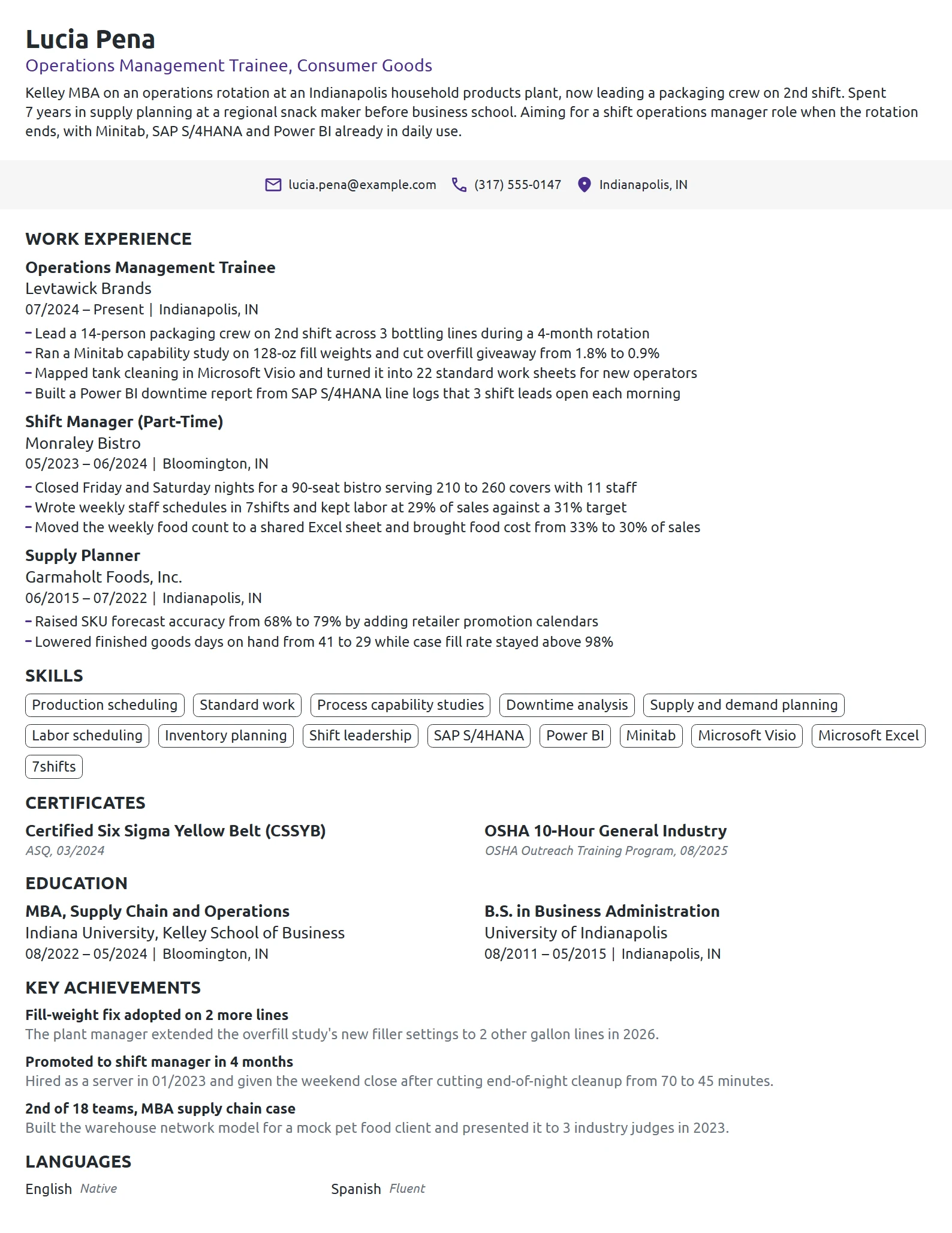 Operations Management Trainee resume example