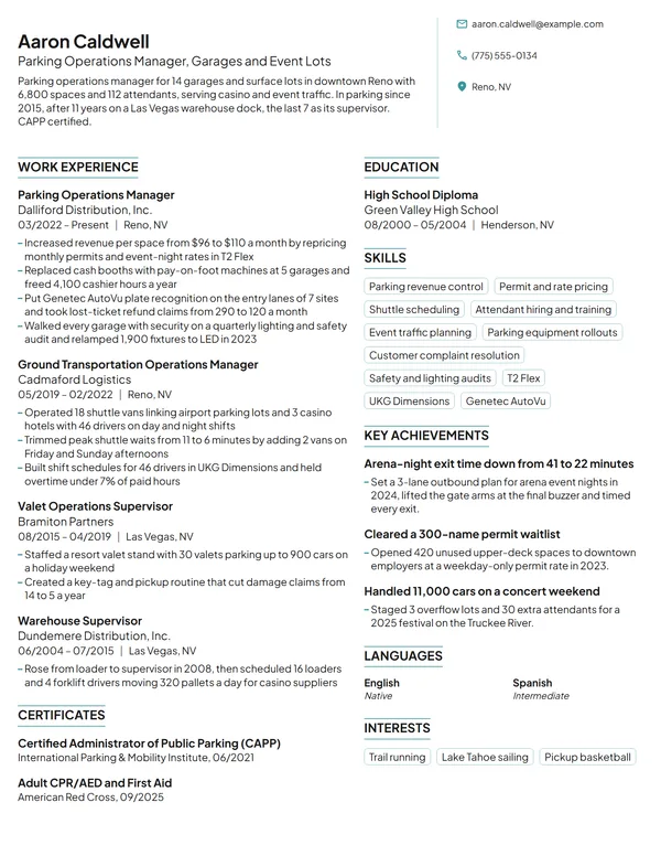 Parking Operations Manager resume example