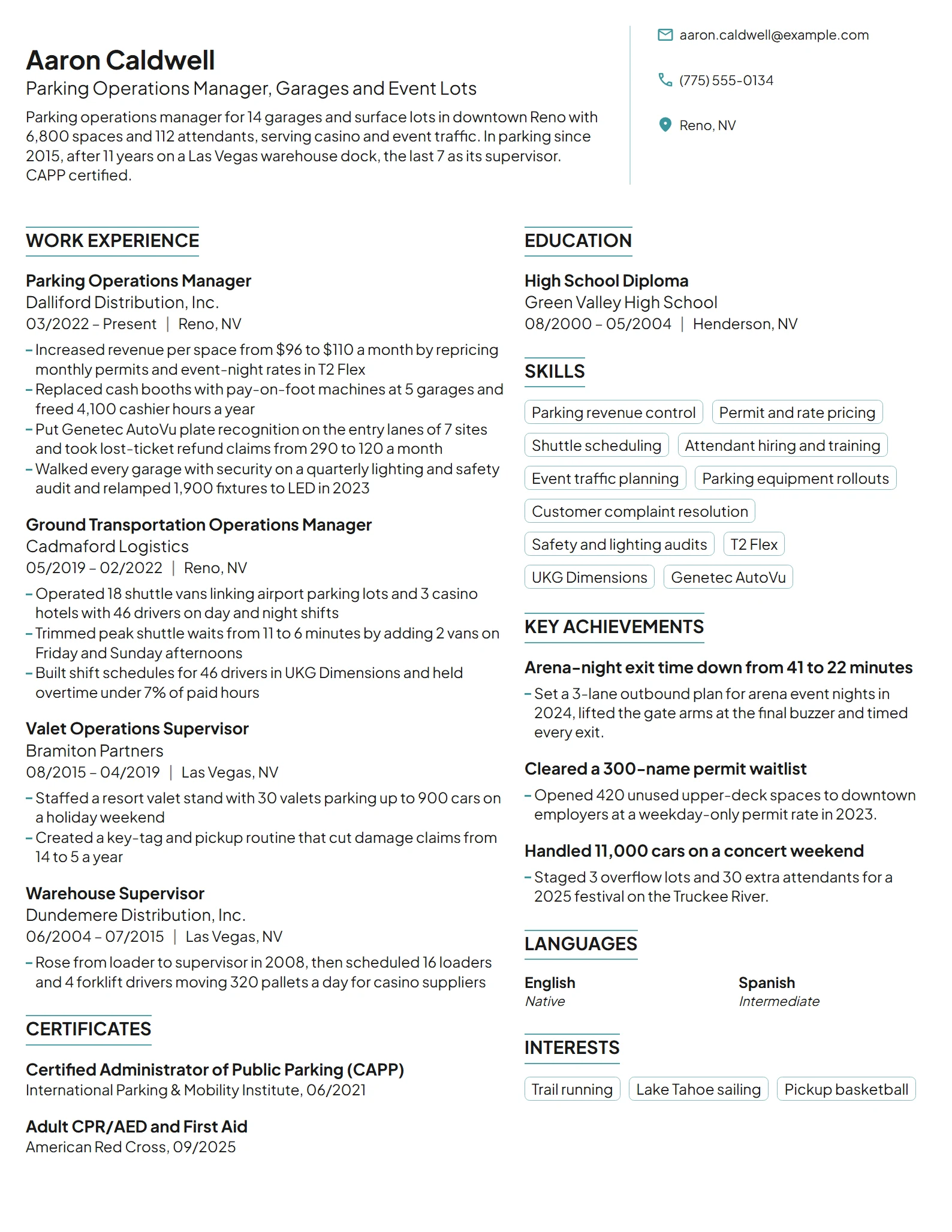 Parking Operations Manager resume example