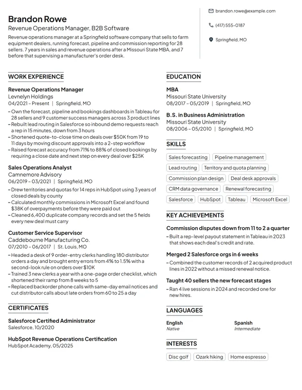 Revenue Operations Manager resume example