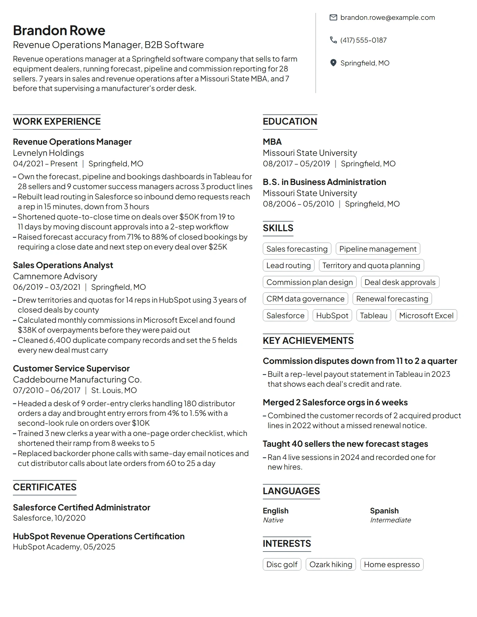 Revenue Operations Manager resume example
