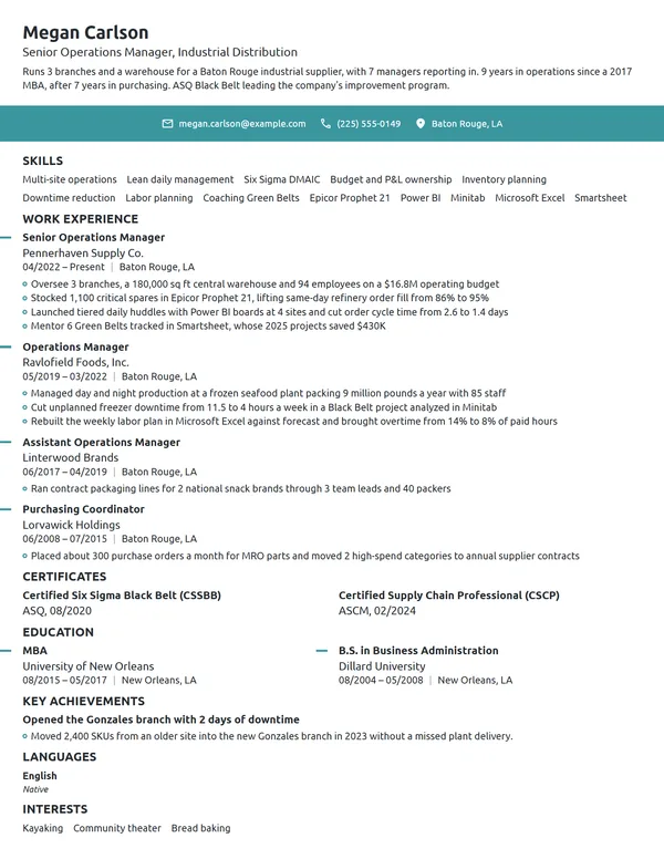 Senior Operations Manager resume example