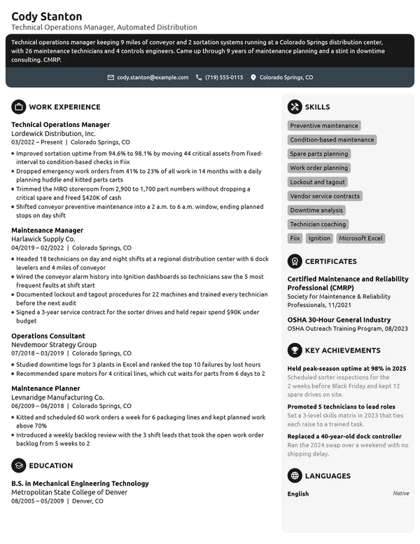 Technical Operations Manager resume example