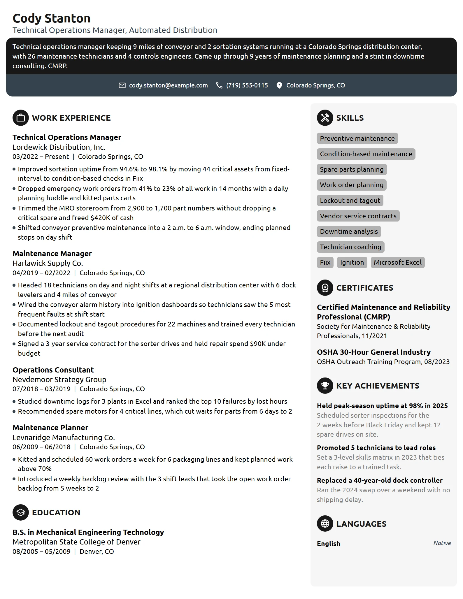 Technical Operations Manager resume example